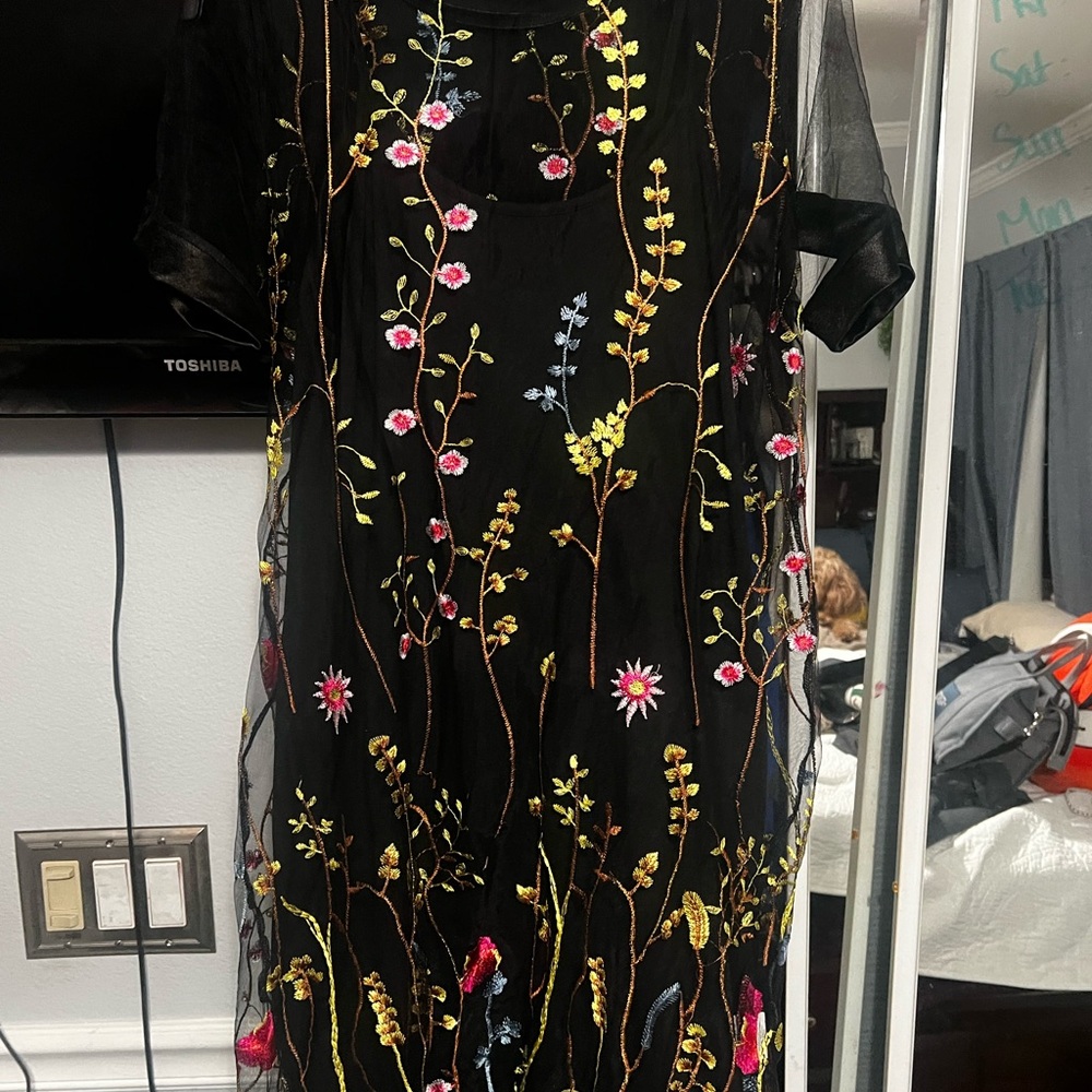 Floral Embroidered Black Dress